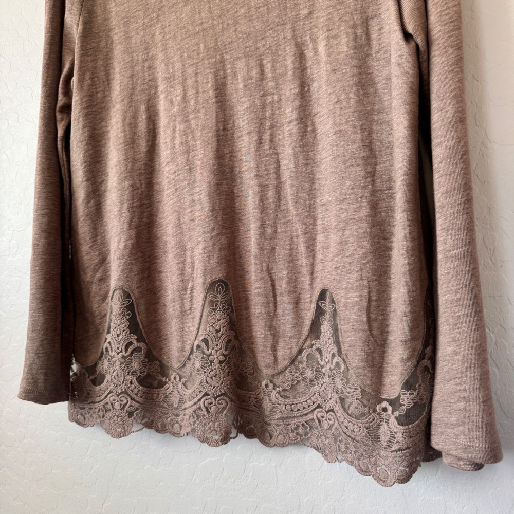Garnet Hill Medium 100% Linen Brown Long Sleeve Lace Trim Scoop Neck Blouse - Picture 4 of 5